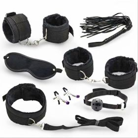 SM Bondage Restraint Set Sex Handcuffs Whip Anal Beads Butt Plug Anal Plug Bullet Vibrator Sex Toys for Woman Adult S&M Fetish (Color: PU-black-7pcs)